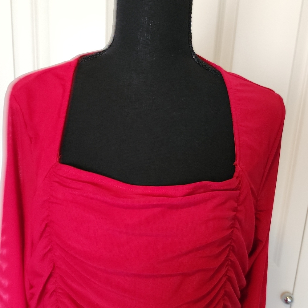 Classic Plus Square Neck Ruched Red Mesh Dress - Picture 7 of 12